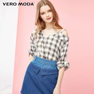 Vero Moda Plaid Asymmetric Button Down One Shoulder Blouse Size S White Grey